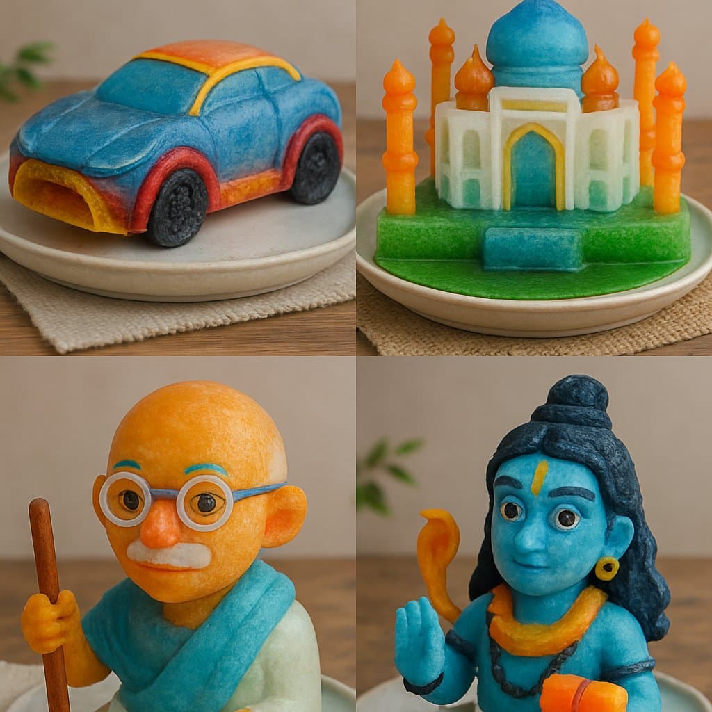Colorful handmade sculptures (food, nature)