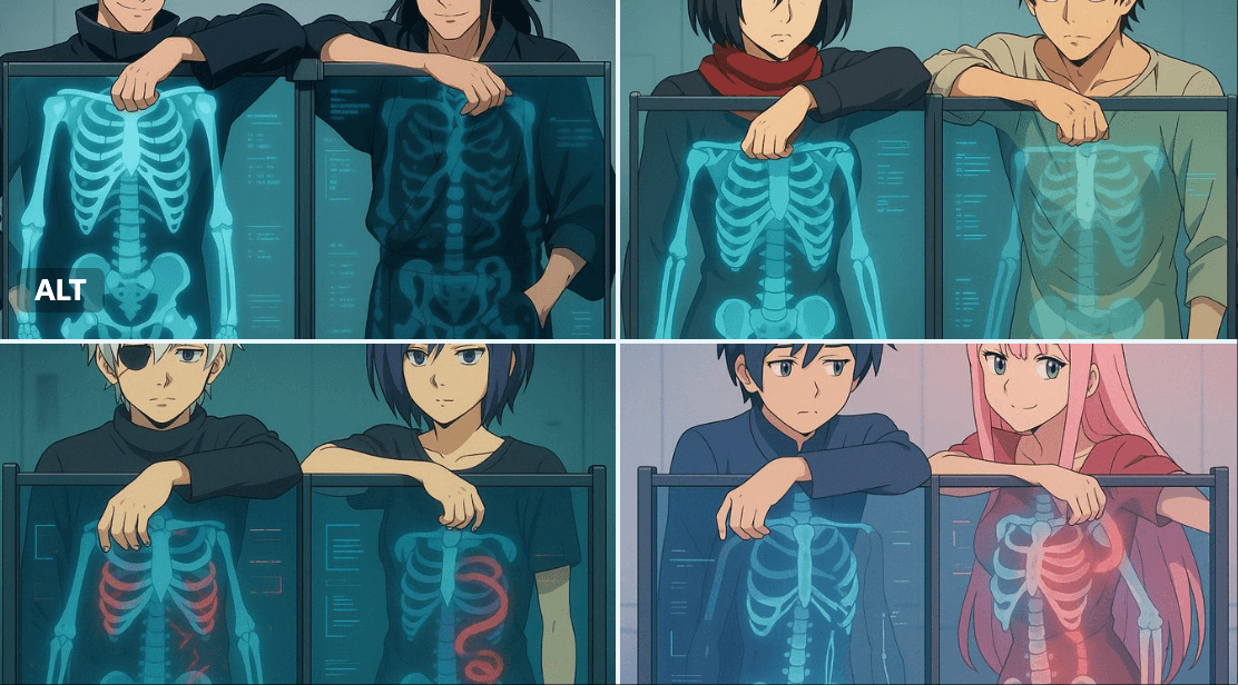 Behind the transparent X-ray scanning panel (character, fashion)
