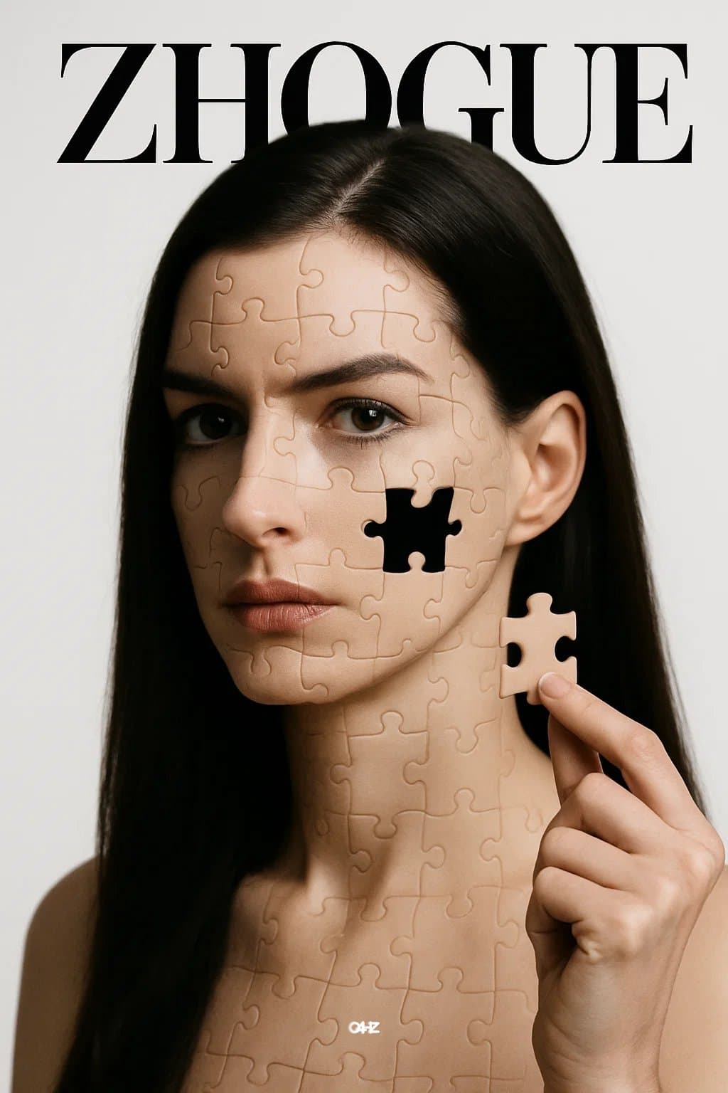 Hyper-realistic jigsaw portrait (3d, photography)