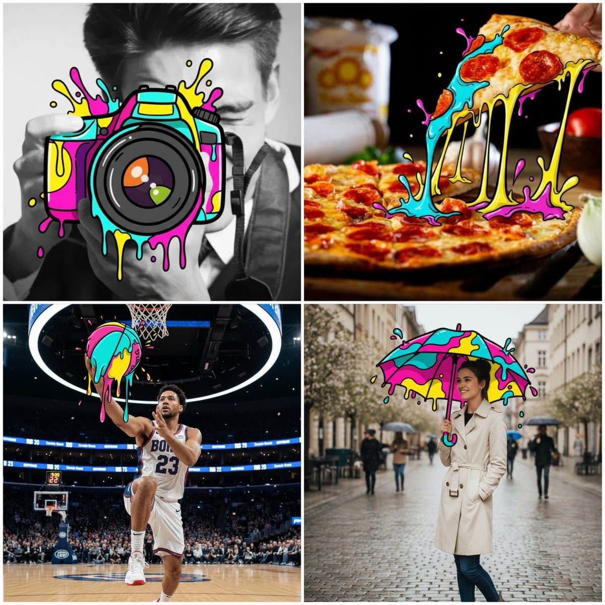 The object transforms into bold cartoon drips. (cartoon, illustration)