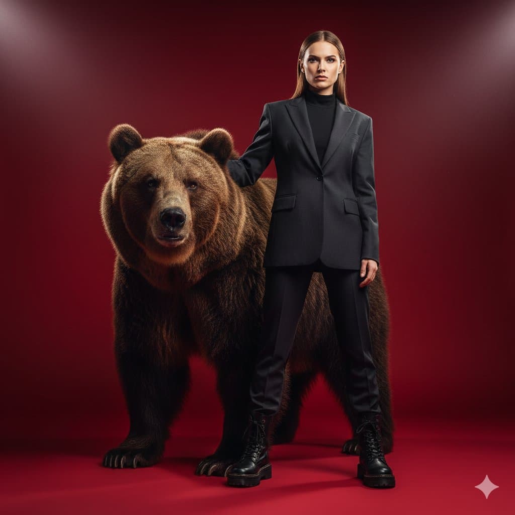 Fashionable Woman Taking Selfie with Bear (landscape, minimalist)