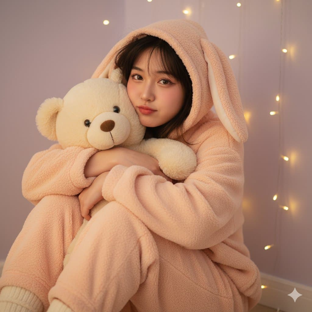 Girl in light pink loose fluffy pajamas (animal, interior)