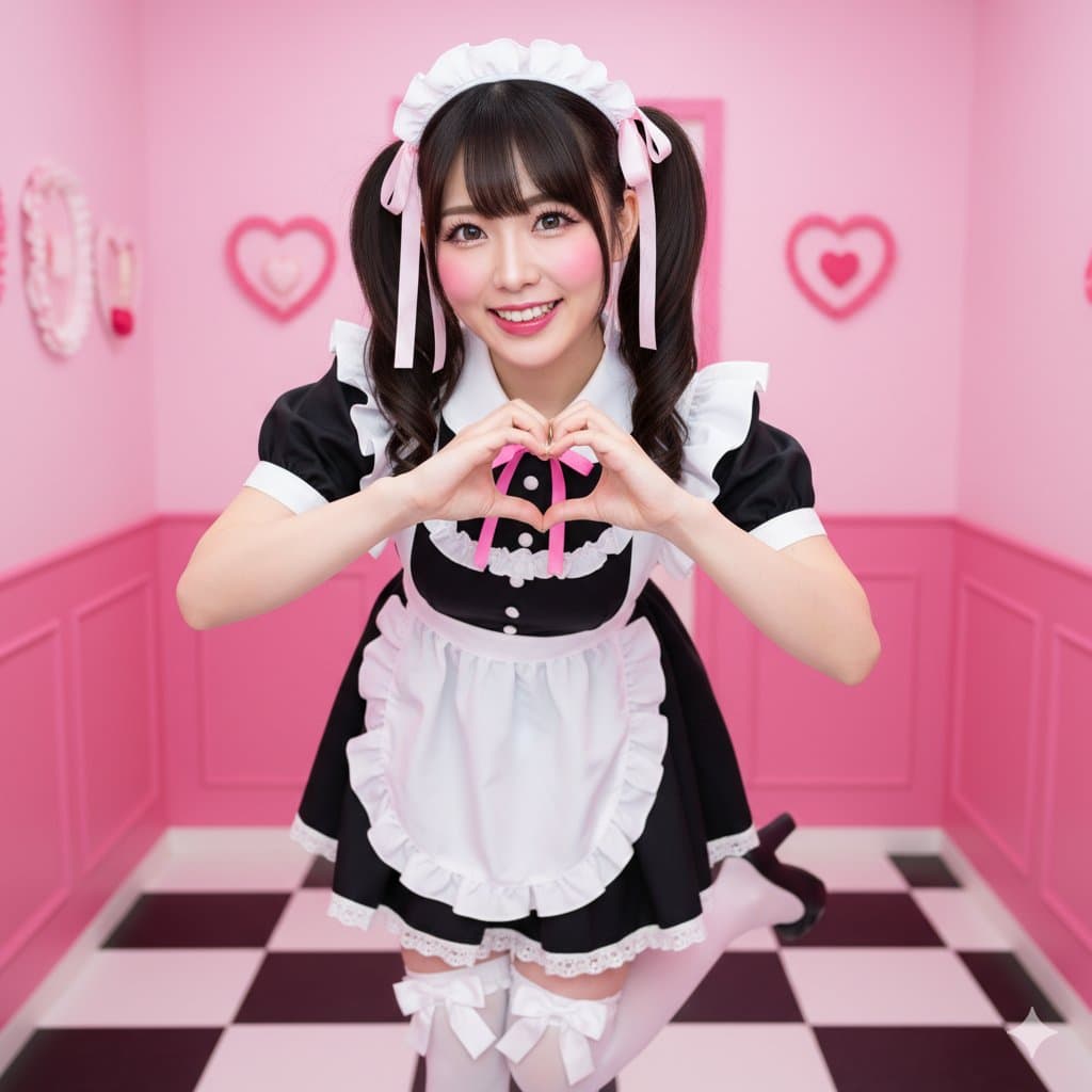 Girl with twin tails making a heart gesture (fashion, food)