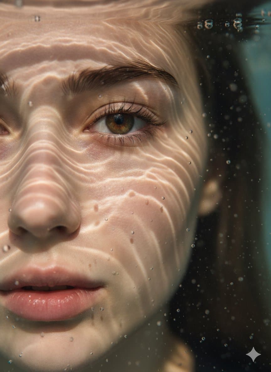 An ultra-realistic, highly detailed underwater close-up portrait (fashion, photography)