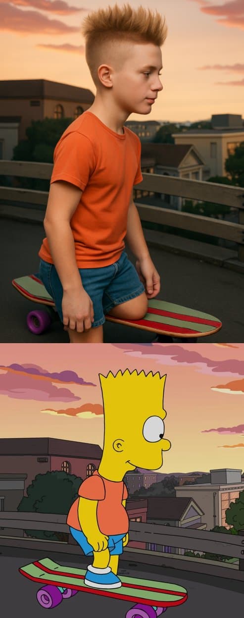 Cartoon character transformed into hyper-realistic human (cartoon, character)