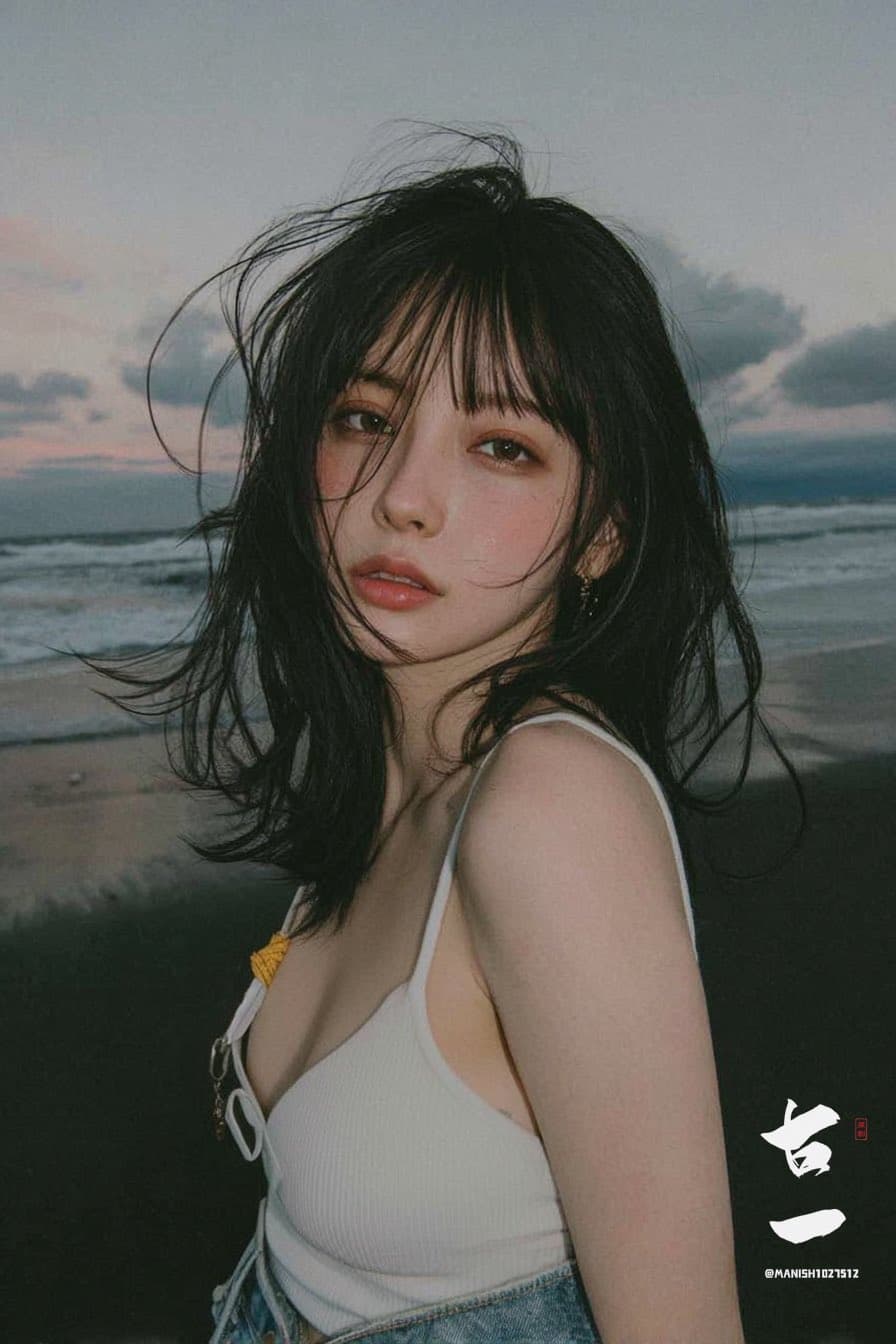 女子海边电影风格肖像照