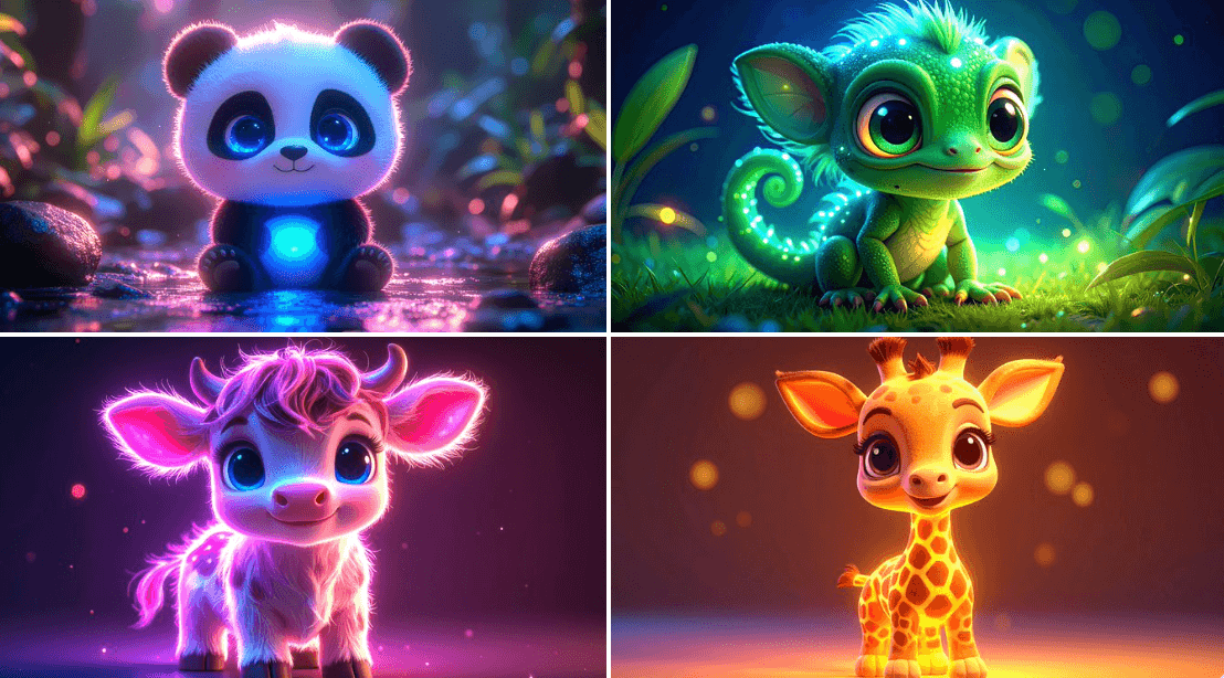 Cute neon-lit animals (3d, animal)