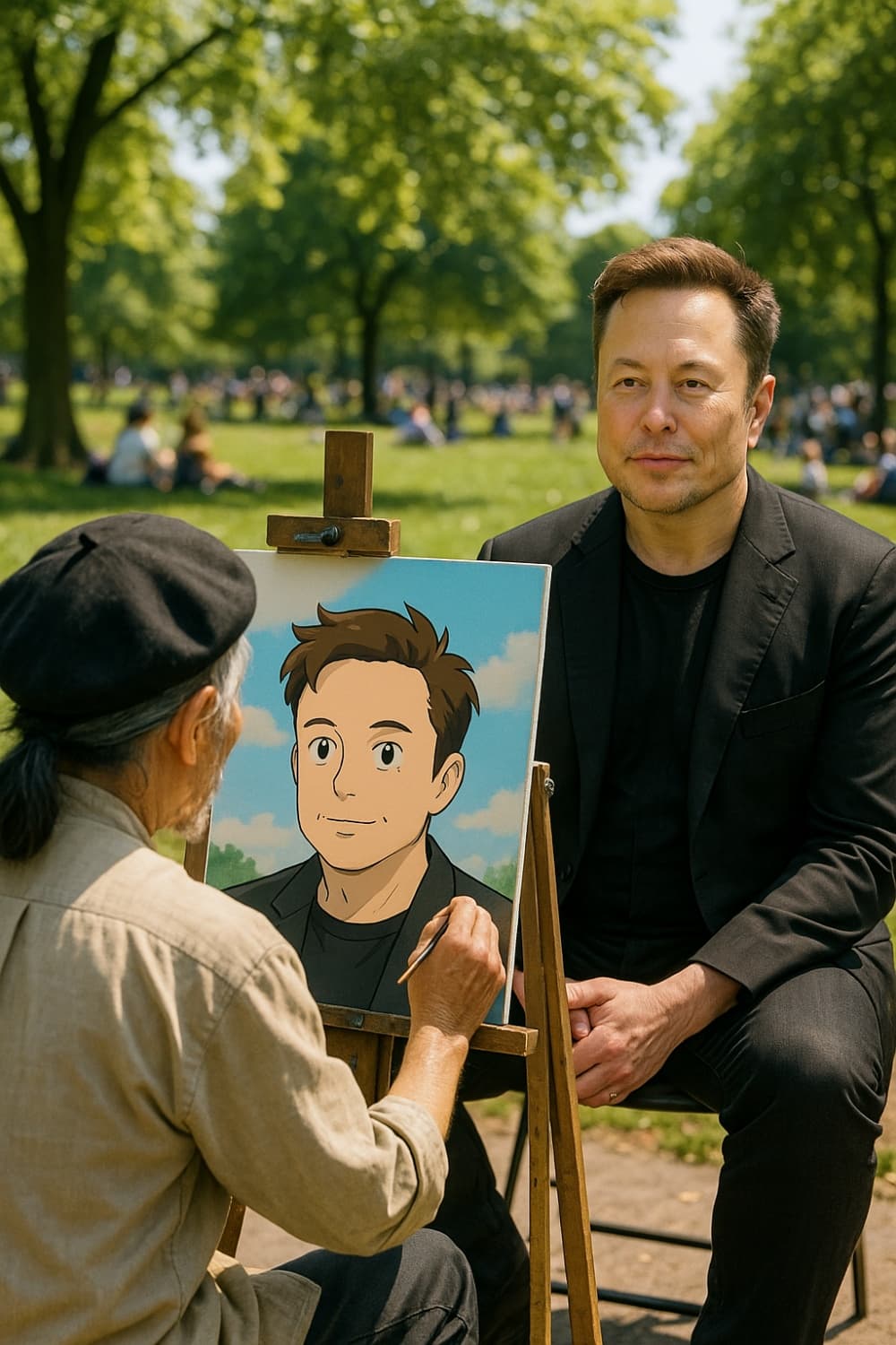 Musk is painting in the park. (cartoon, landscape)